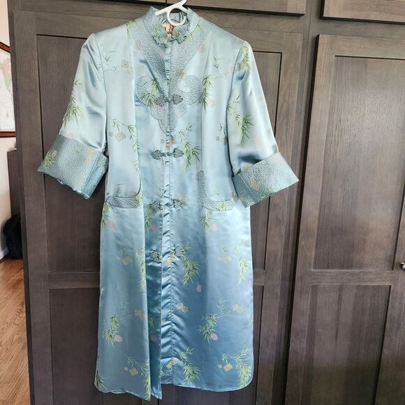 Mulchands Silk Womens Vintage Asian Kimono Light Blue Duster Robe Midi Dress - Picture 1 of 16